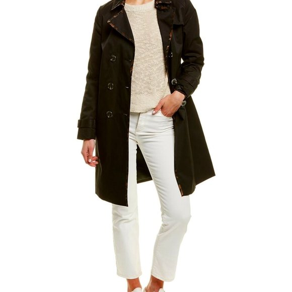 NWT Tahari Maggie Black Trench Coat with Leopard detail size Small. - Picture 1 of 14